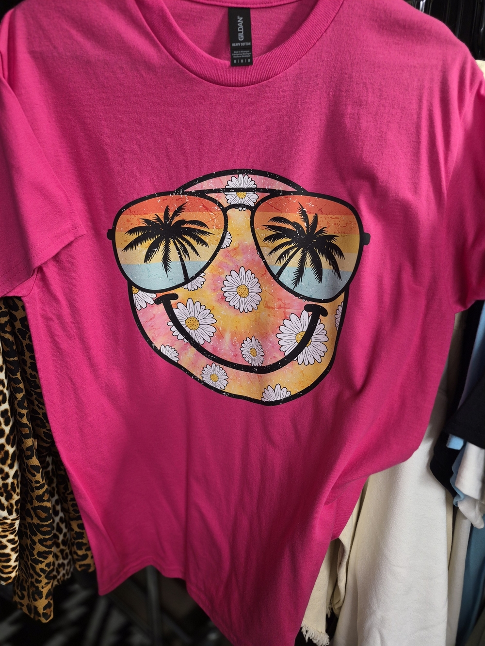 Gildan Hot Pink Daisy Smile Face Tee with Sunset Sunglasses